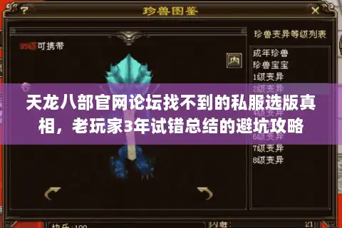 天龙八部官网论坛找不到的私服选版真相，老玩家3年试错总结的避坑攻略